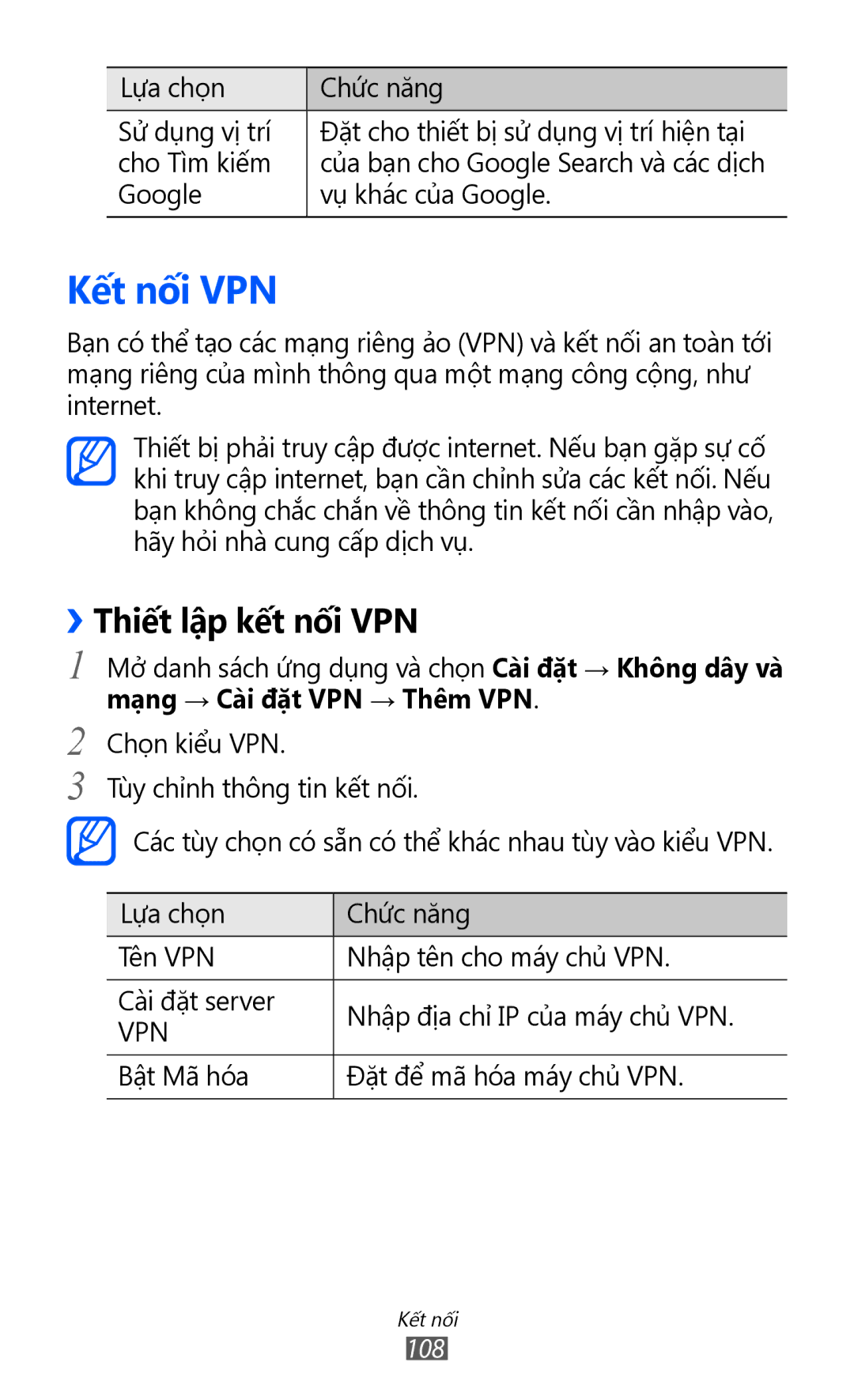 Samsung GT-P6800LSAXXV, GT-P6800LSAXEV manual Kết nối VPN, ››Thiết lập kết nối VPN 