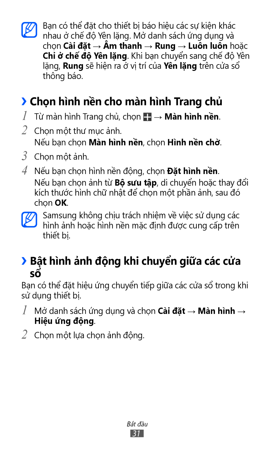 Samsung GT-P6800LSAXEV manual ››Chọn hình nền cho màn hình Trang chủ, ››Bật hình ả̉nh động khi chuyển giữa các cửa sổ 