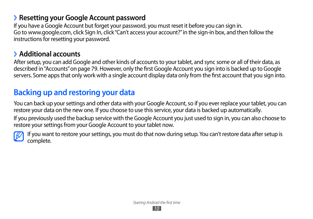 Samsung GT-P7100 Backing up and restoring your data, ››Resetting your Google Account password, ››Additional accounts 