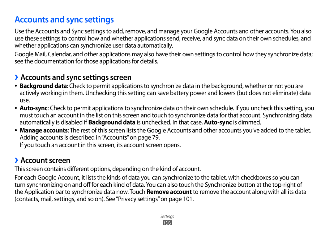 Samsung GT-P7100 user manual ››Accounts and sync settings screen, ››Account screen 