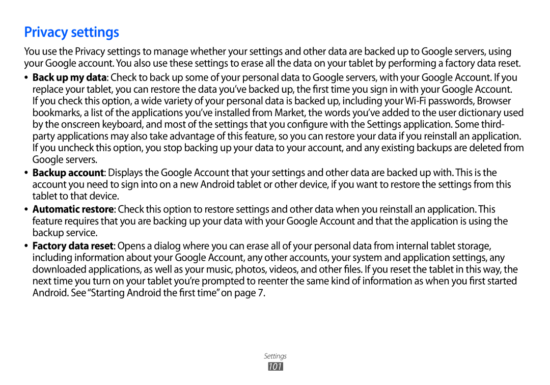 Samsung GT-P7100 user manual Privacy settings 