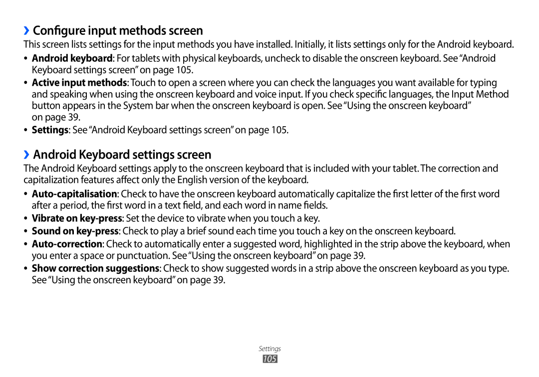 Samsung GT-P7100 user manual ››Configure input methods screen, ››Android Keyboard settings screen 