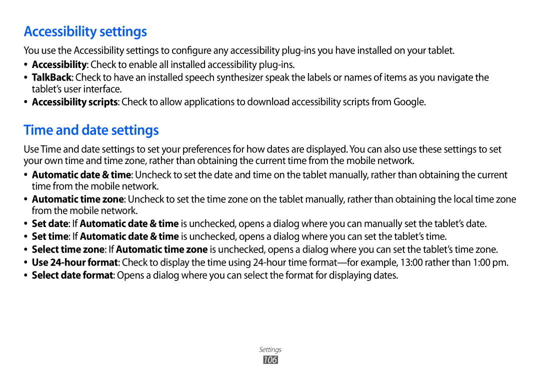 Samsung GT-P7100 user manual Accessibility settings, Time and date settings 