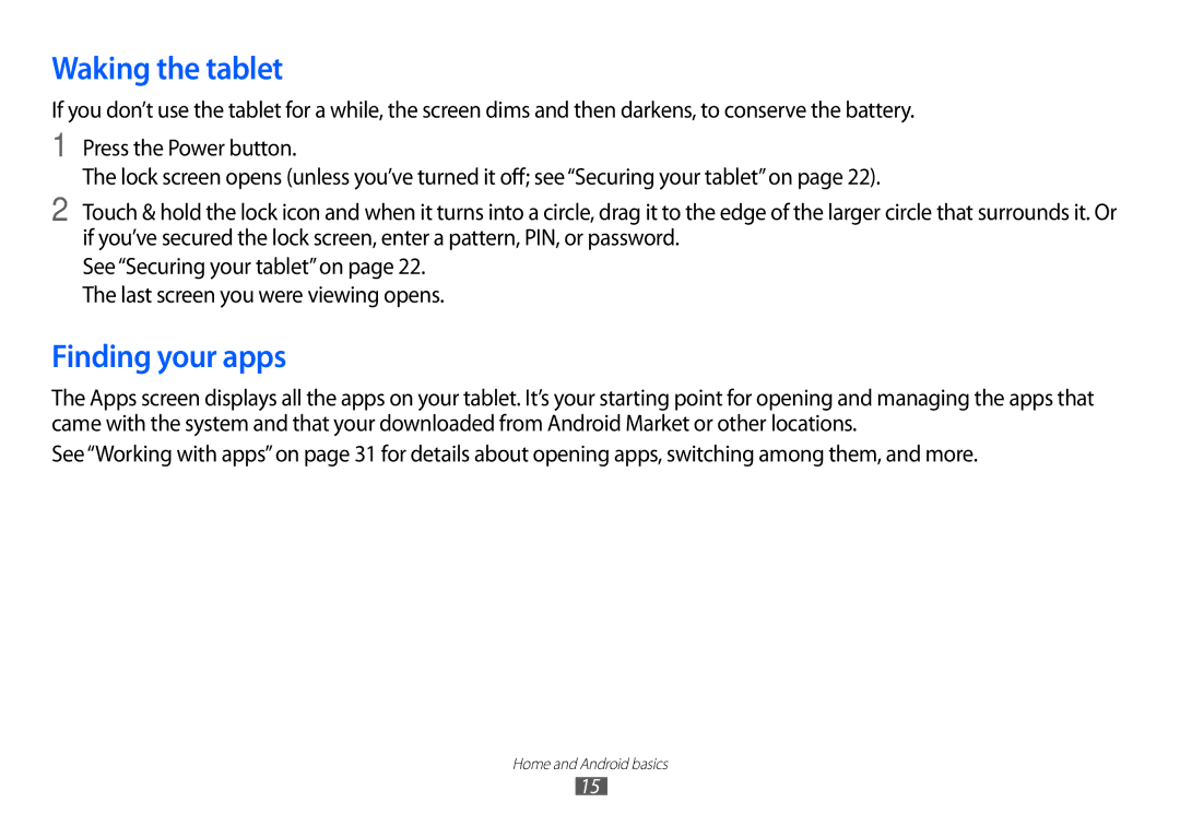 Samsung GT-P7100 user manual Waking the tablet, Finding your apps 