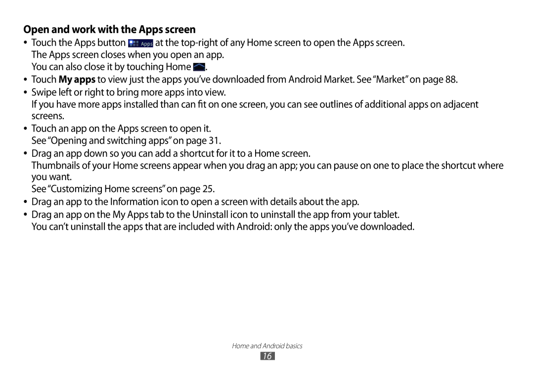 Samsung GT-P7100 user manual Open and work with the Apps screen 