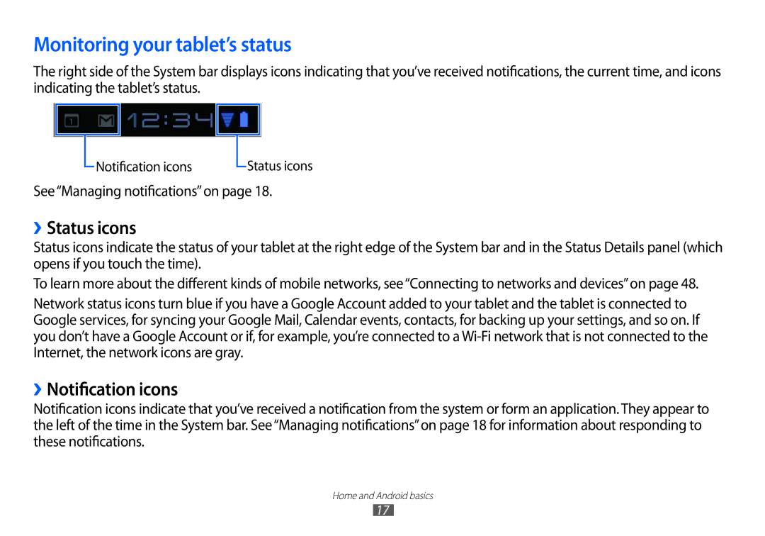 Samsung GT-P7100 user manual Monitoring your tablet’s status, ››Status icons, ››Notification icons 