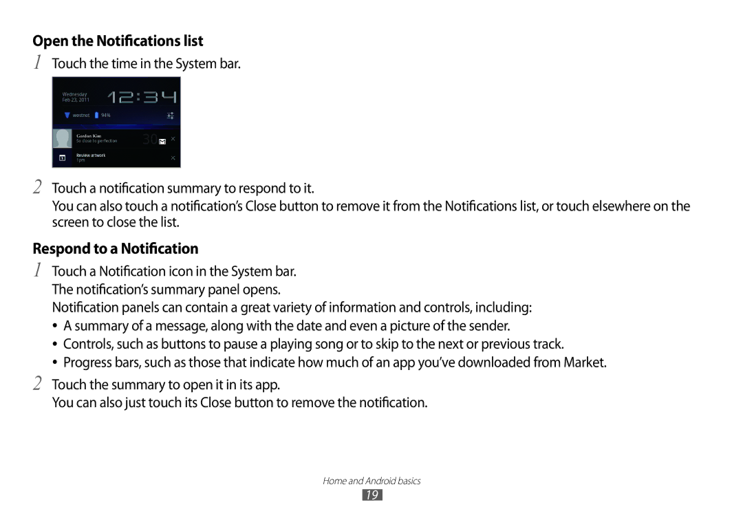 Samsung GT-P7100 user manual Open the Notifications list, Respond to a Notification 