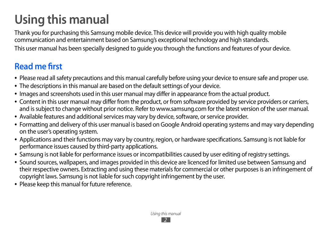 Samsung GT-P7100 user manual Using this manual, Read me first 