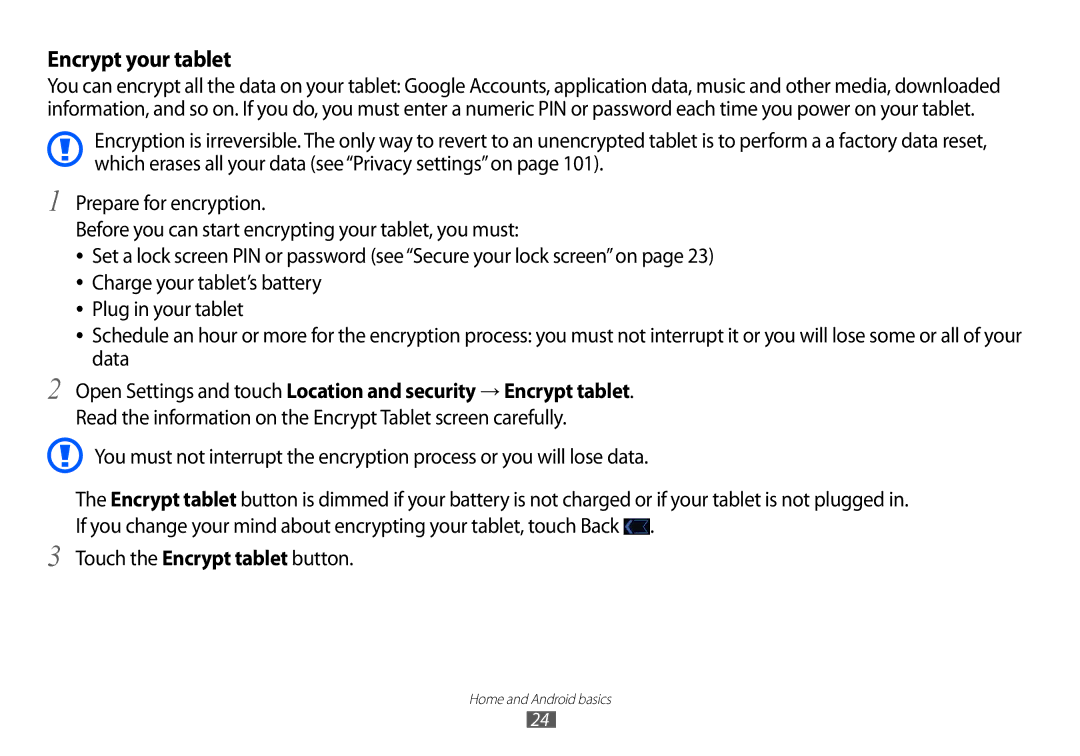 Samsung GT-P7100 user manual Encrypt your tablet 