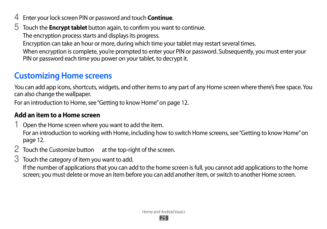 Samsung GT-P7100 user manual Customizing Home screens, Add an item to a Home screen 