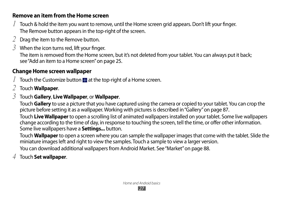 Samsung GT-P7100 user manual Remove an item from the Home screen, Change Home screen wallpaper 