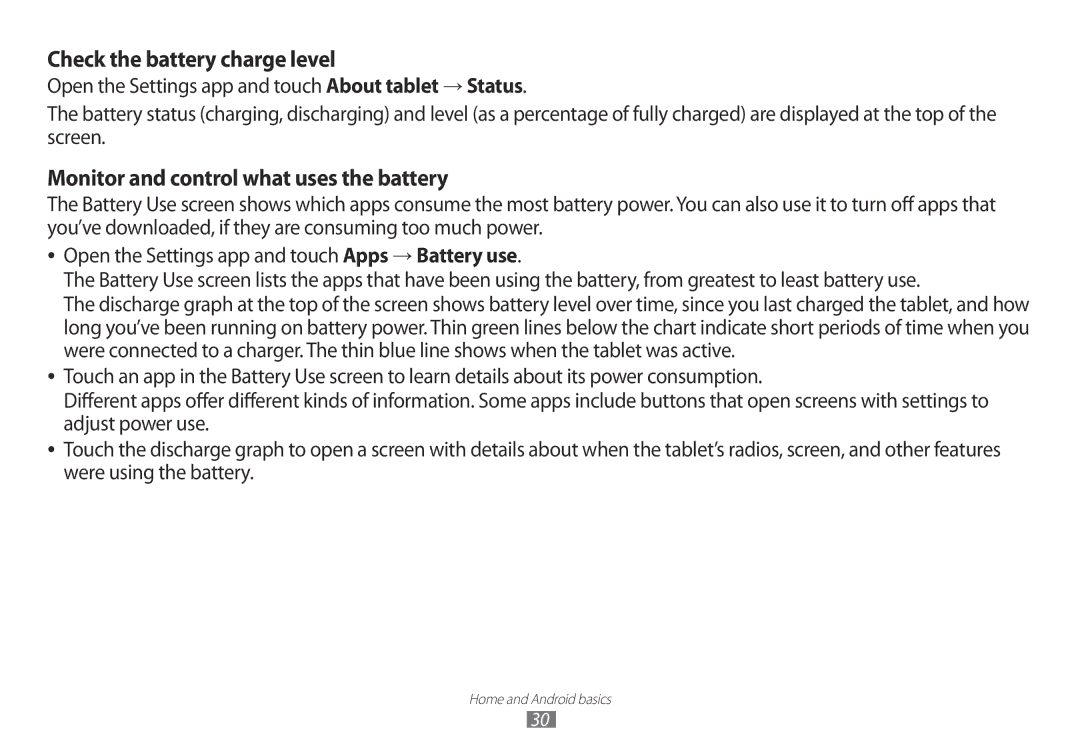 Samsung GT-P7100 user manual Check the battery charge level, Monitor and control what uses the battery 