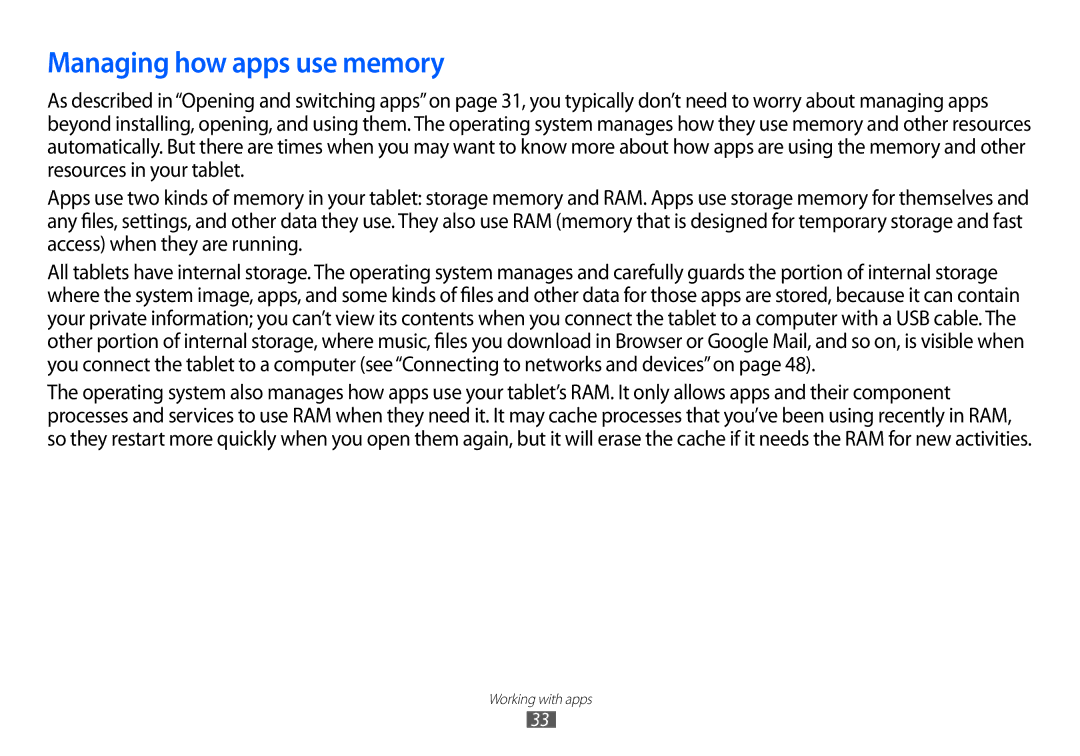 Samsung GT-P7100 user manual Managing how apps use memory 