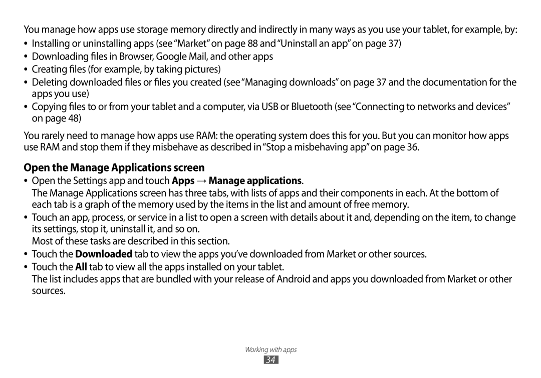 Samsung GT-P7100 user manual Open the Manage Applications screen 