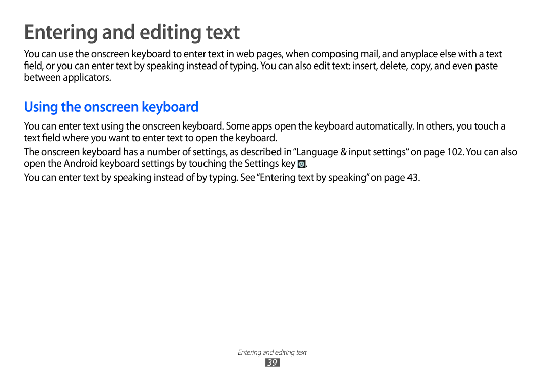 Samsung GT-P7100 user manual Entering and editing text, Using the onscreen keyboard 