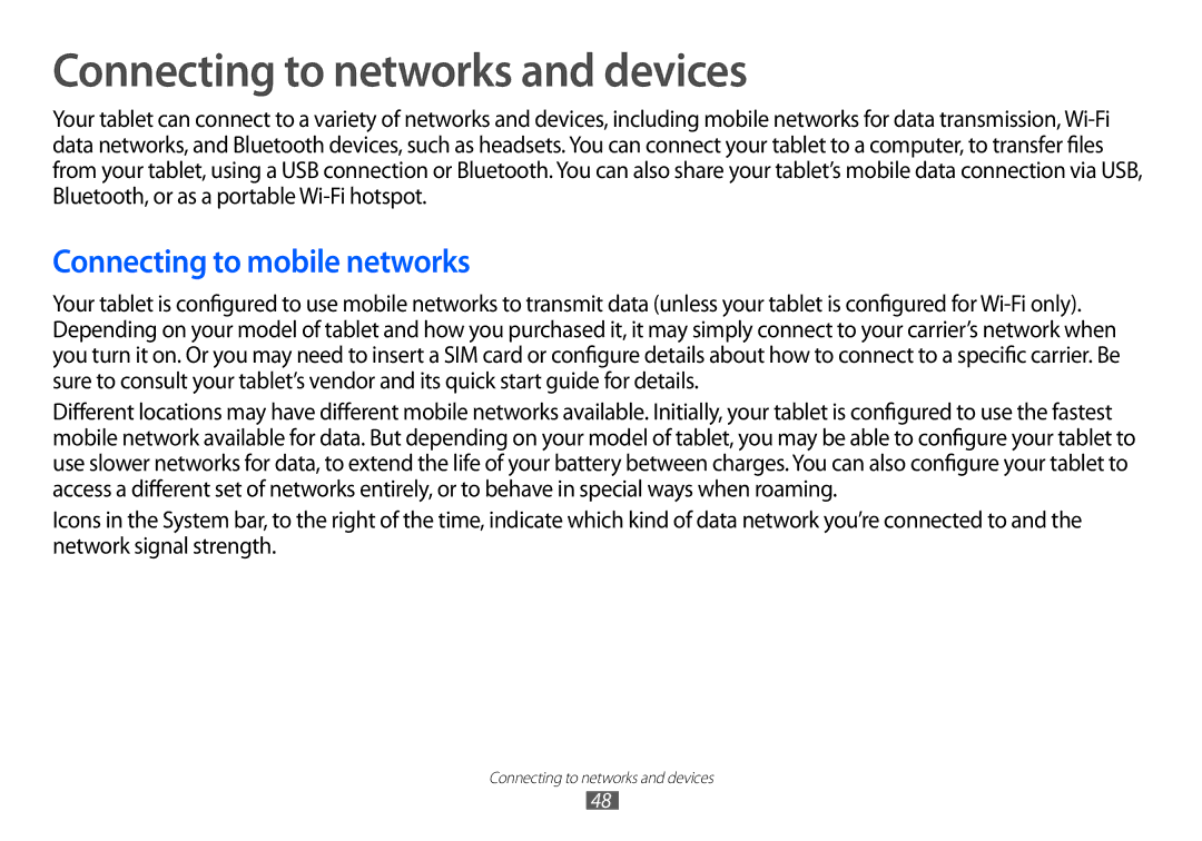 Samsung GT-P7100 user manual Connecting to networks and devices, Connecting to mobile networks 