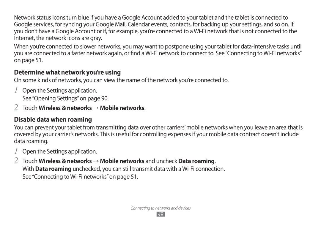 Samsung GT-P7100 user manual Determine what network you’re using, Disable data when roaming 