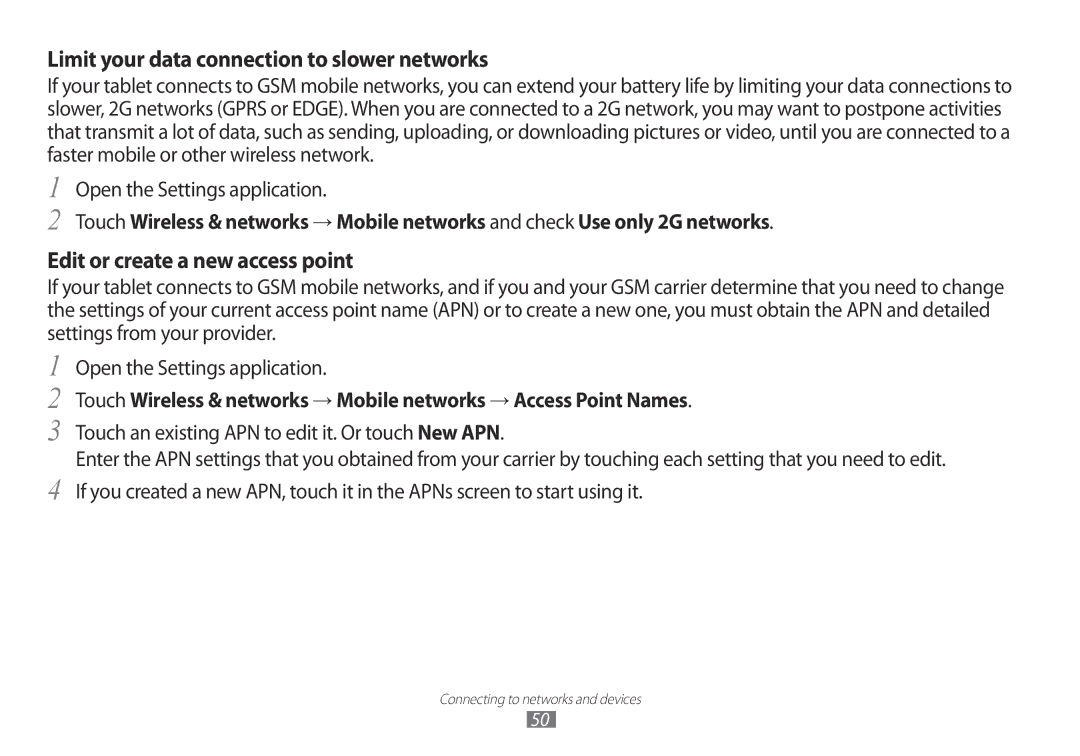 Samsung GT-P7100 user manual Limit your data connection to slower networks, Edit or create a new access point 