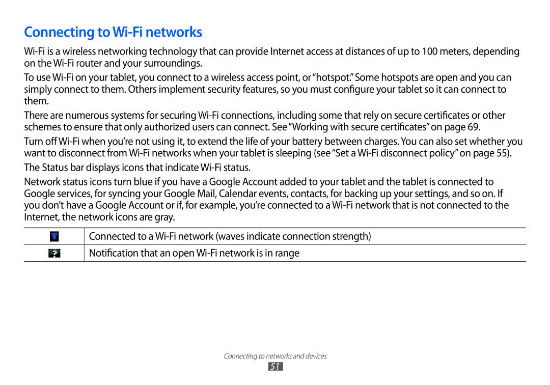 Samsung GT-P7100 user manual Connecting to Wi-Fi networks 