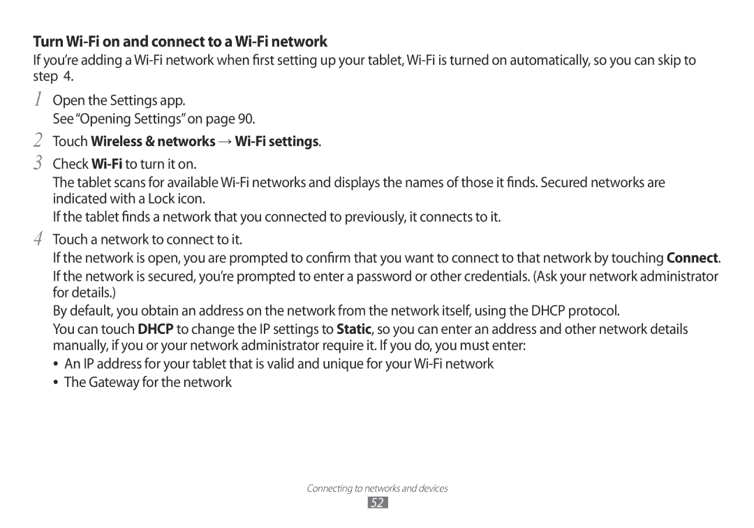 Samsung GT-P7100 user manual Turn Wi-Fi on and connect to a Wi-Fi network, Touch Wireless & networks → Wi-Fi settings 