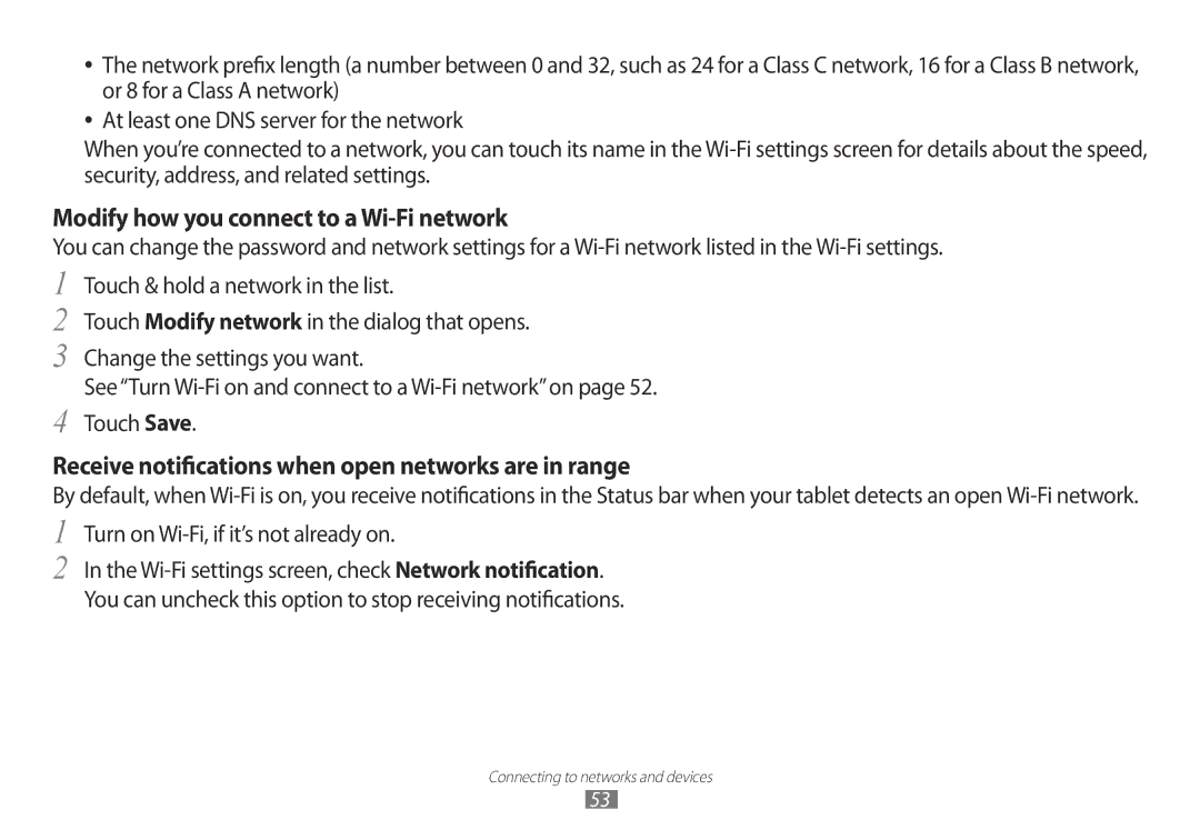 Samsung GT-P7100 Modify how you connect to a Wi-Fi network, Receive notifications when open networks are in range 