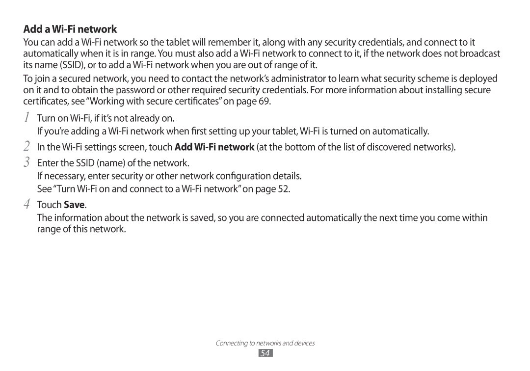 Samsung GT-P7100 user manual Add a Wi-Fi network 