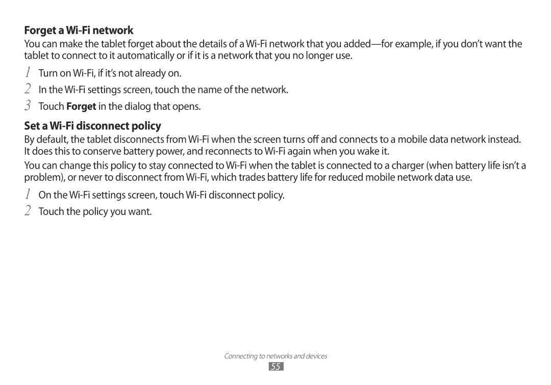 Samsung GT-P7100 user manual Forget a Wi-Fi network, Set a Wi-Fi disconnect policy 