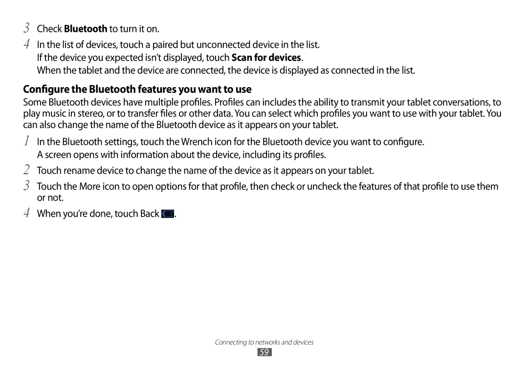 Samsung GT-P7100 user manual Configure the Bluetooth features you want to use, Check Bluetooth to turn it on 