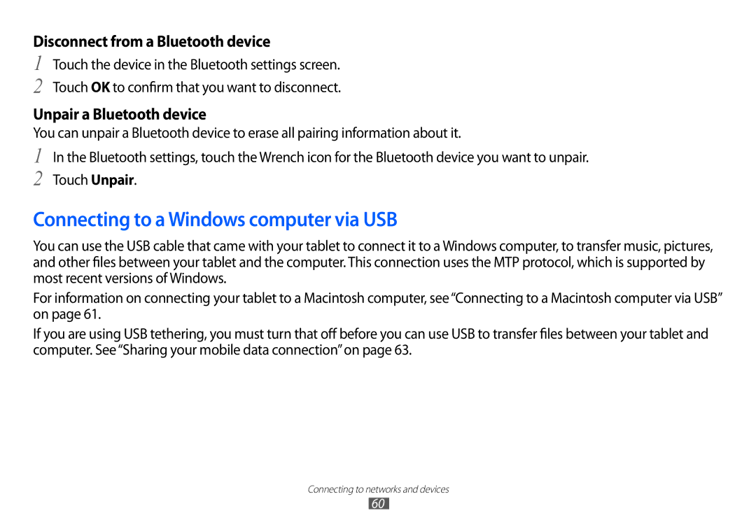 Samsung GT-P7100 Connecting to a Windows computer via USB, Disconnect from a Bluetooth device, Unpair a Bluetooth device 