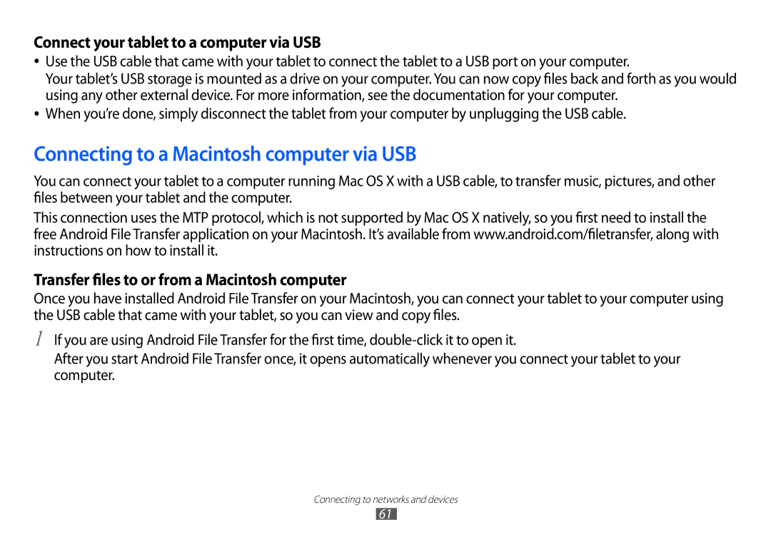 Samsung GT-P7100 user manual Connecting to a Macintosh computer via USB, Connect your tablet to a computer via USB 