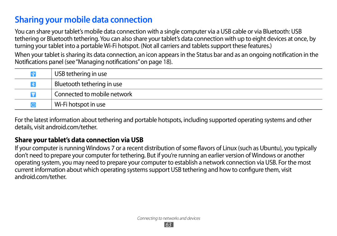 Samsung GT-P7100 user manual Sharing your mobile data connection, Share your tablet’s data connection via USB 