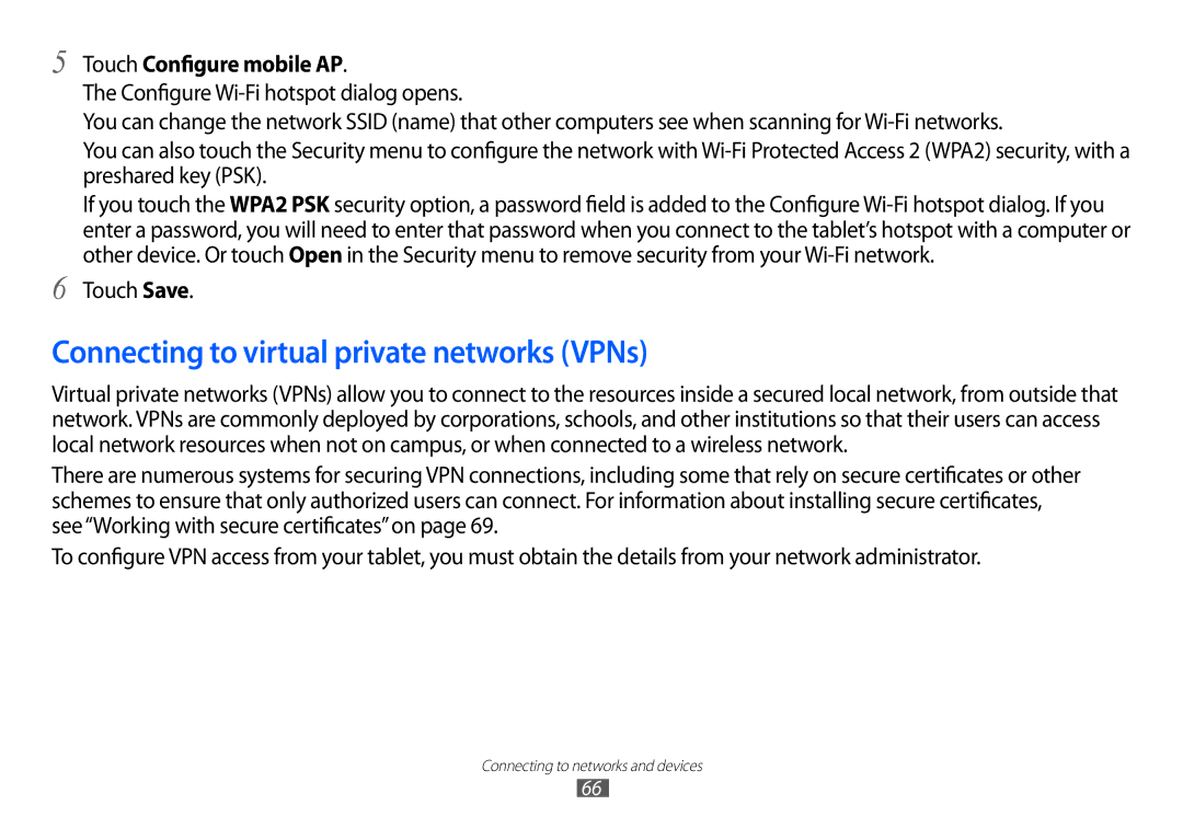 Samsung GT-P7100 user manual Connecting to virtual private networks VPNs, Touch Configure mobile AP 