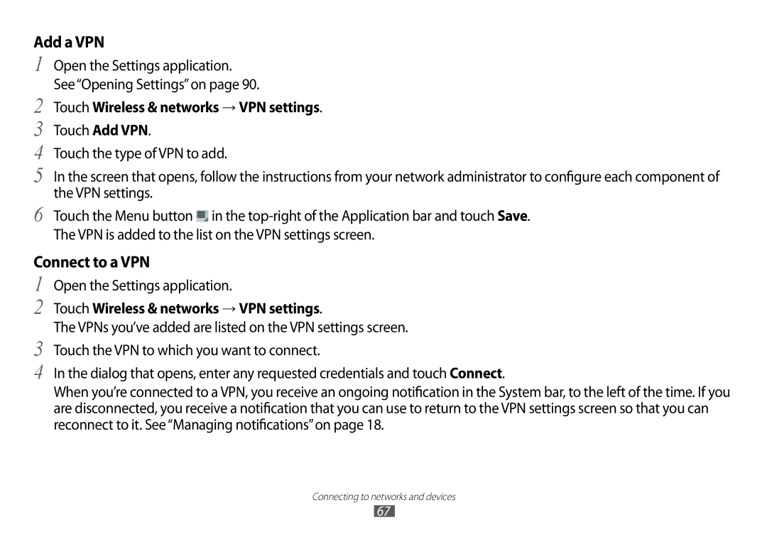 Samsung GT-P7100 user manual Add a VPN, Connect to a VPN 