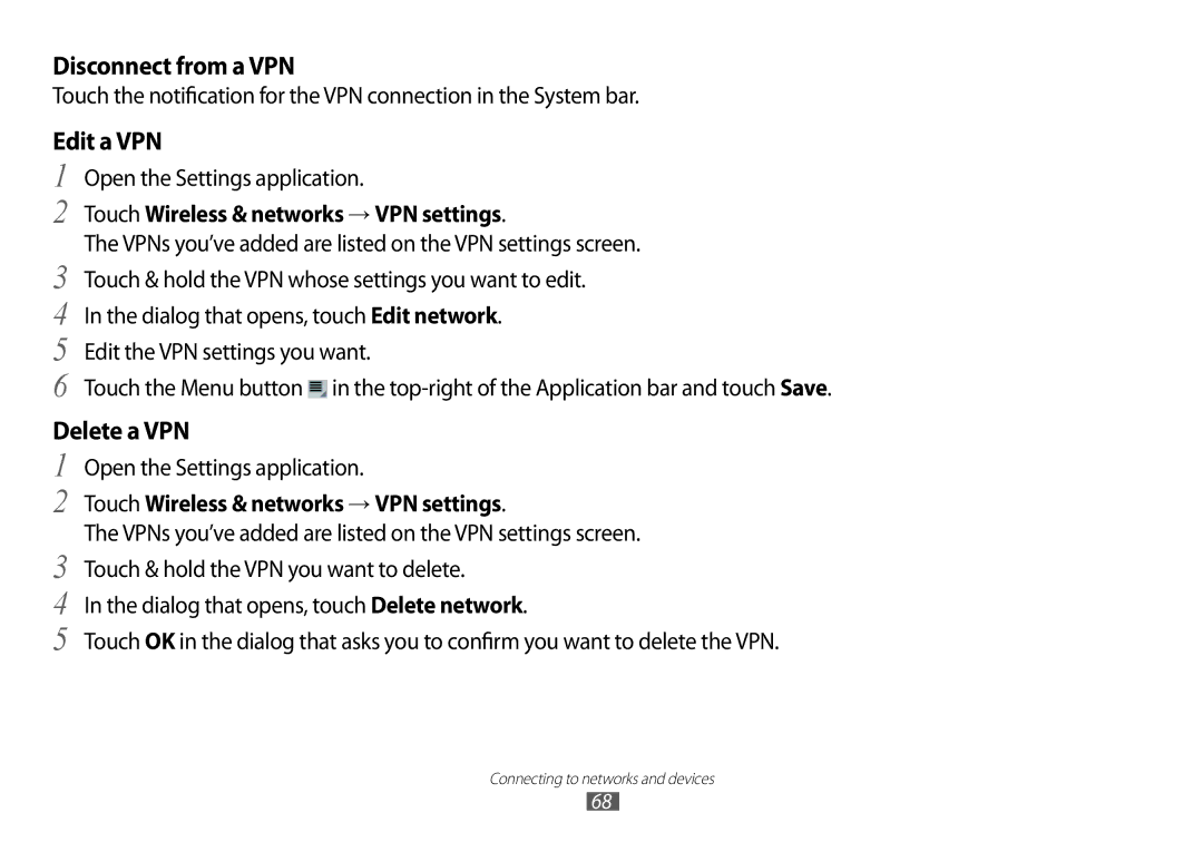 Samsung GT-P7100 user manual Disconnect from a VPN, Edit a VPN, Delete a VPN 