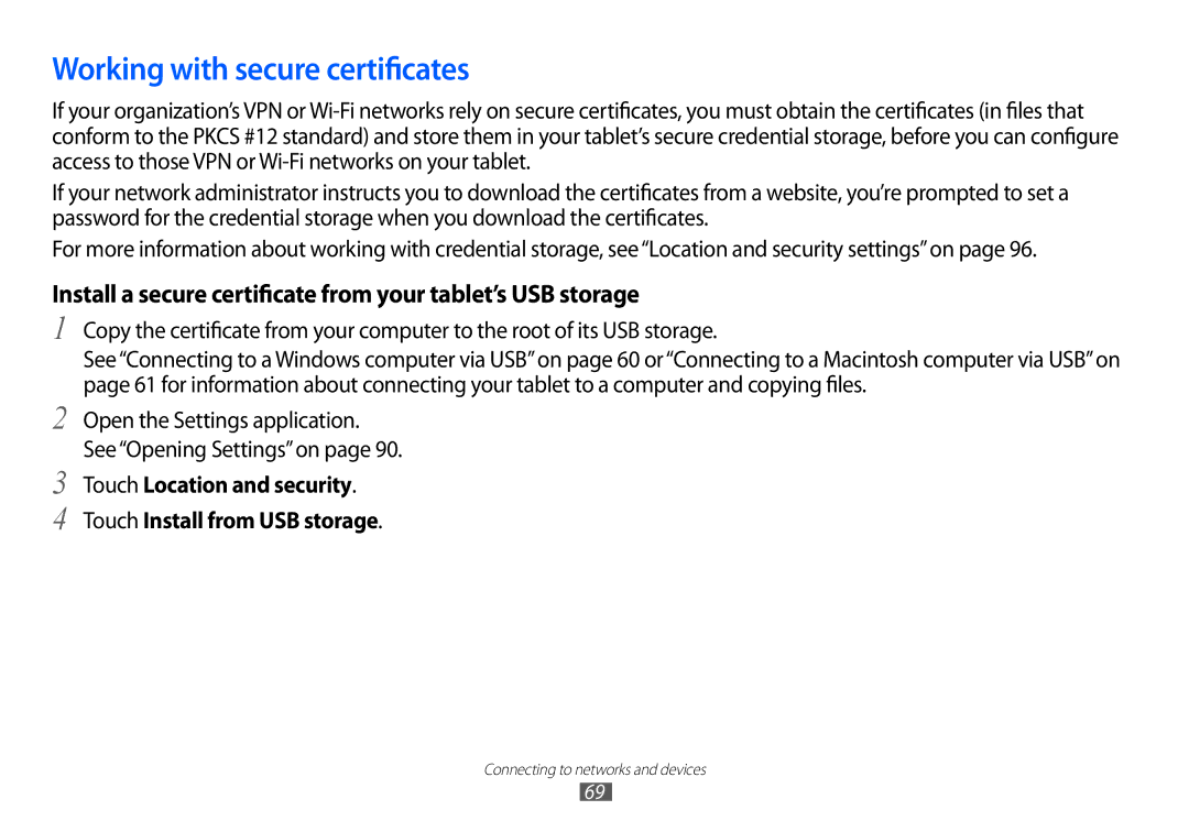 Samsung GT-P7100 user manual Working with secure certificates, Install a secure certificate from your tablet’s USB storage 