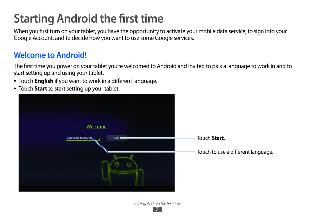 Samsung GT-P7100 user manual Starting Android the first time, Welcome to Android 