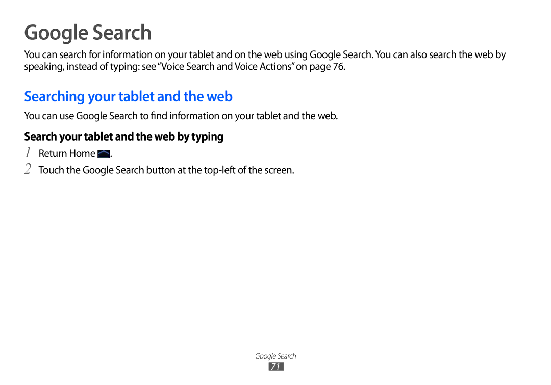 Samsung GT-P7100 user manual Google Search, Searching your tablet and the web, Search your tablet and the web by typing 