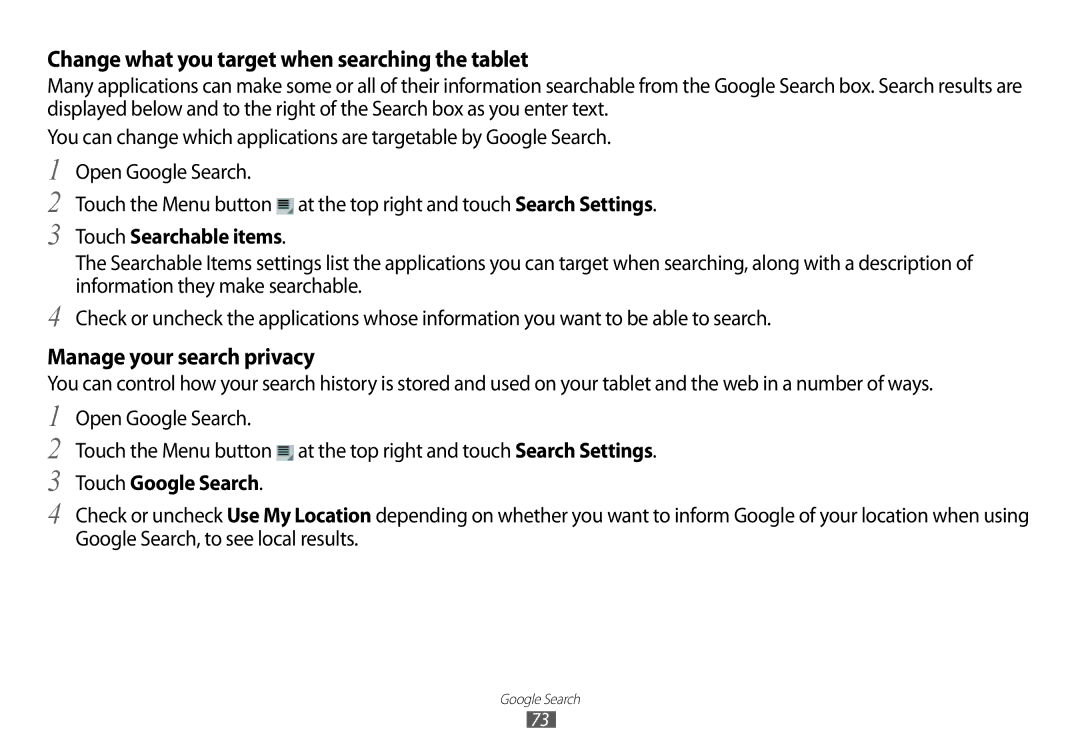 Samsung GT-P7100 user manual Change what you target when searching the tablet, Manage your search privacy 