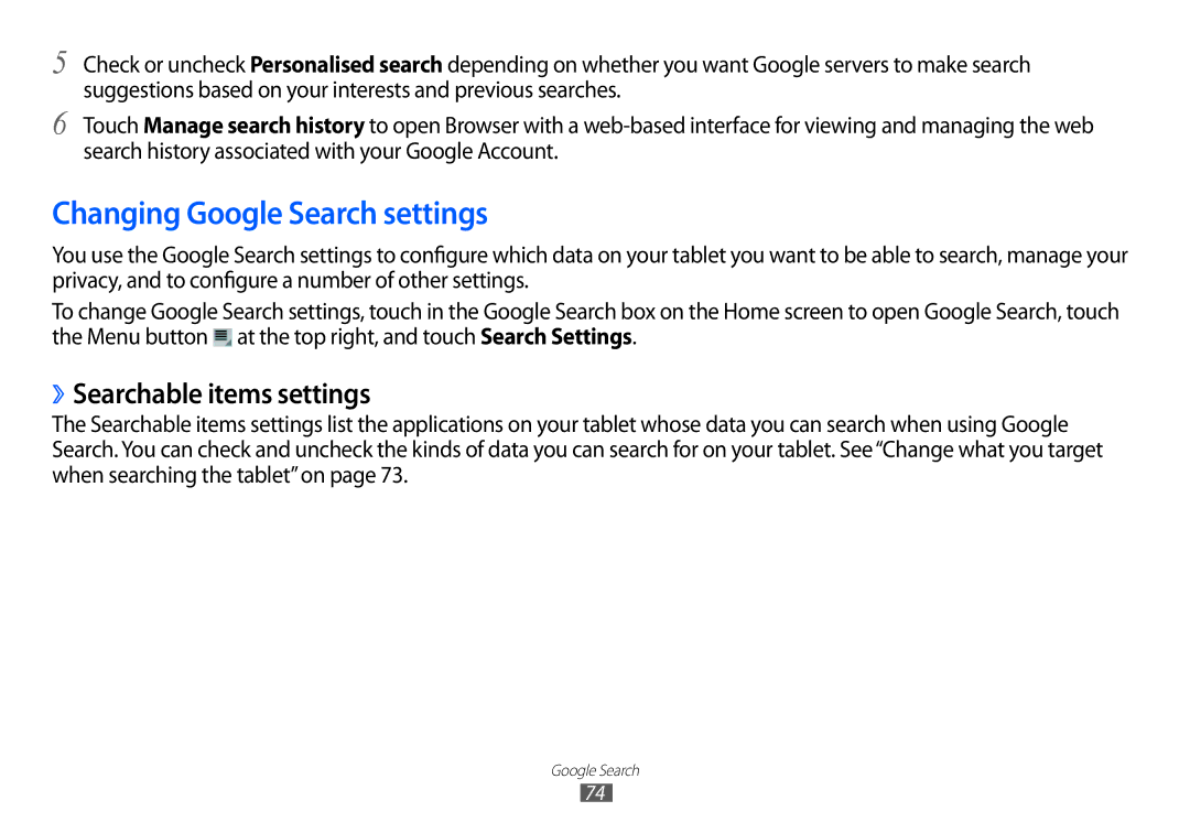 Samsung GT-P7100 user manual Changing Google Search settings, ››Searchable items settings 