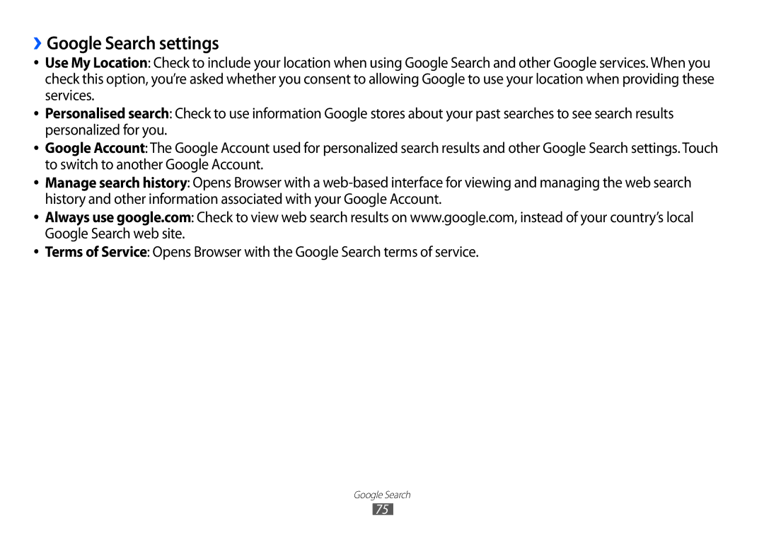 Samsung GT-P7100 user manual ››Google Search settings 