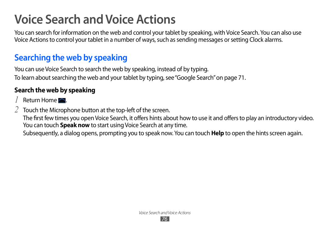 Samsung GT-P7100 user manual Voice Search and Voice Actions, Searching the web by speaking, Search the web by speaking 