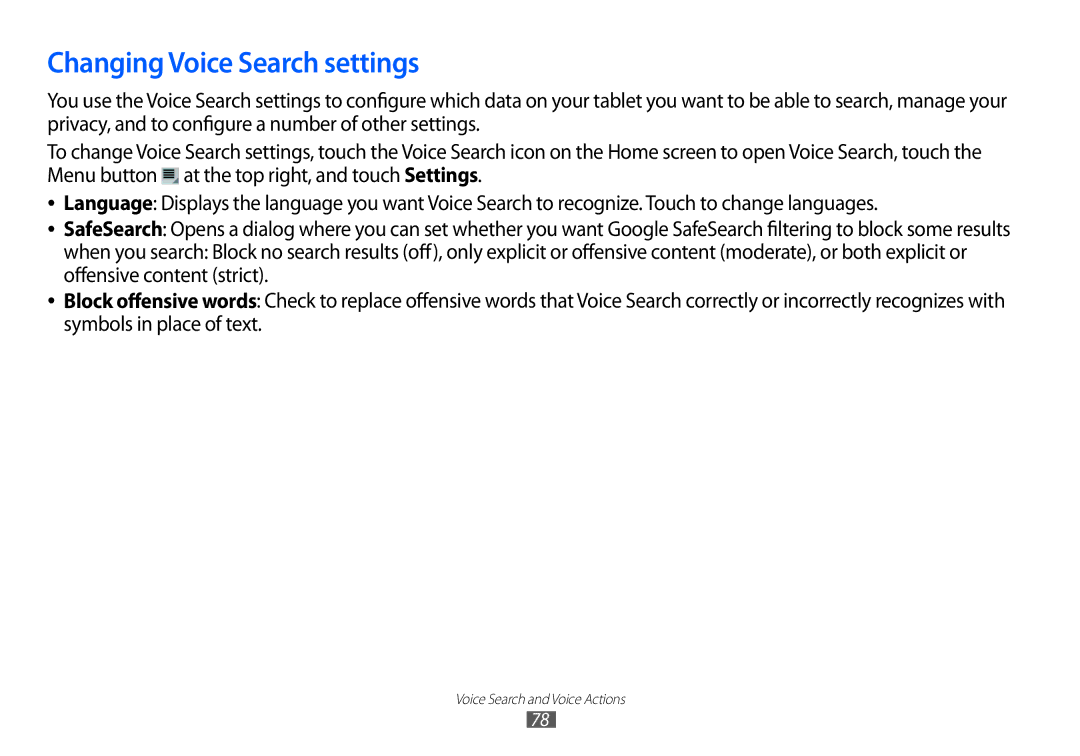 Samsung GT-P7100 user manual Changing Voice Search settings 