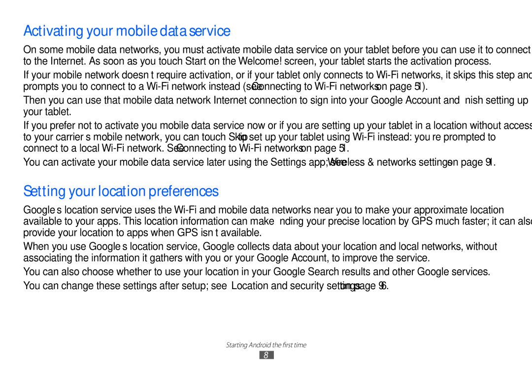 Samsung GT-P7100 user manual Activating your mobile data service, Setting your location preferences 