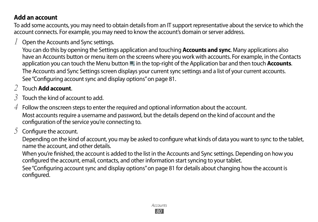 Samsung GT-P7100 user manual Add an account, Touch Add account 