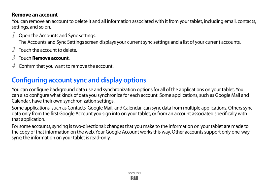 Samsung GT-P7100 user manual Configuring account sync and display options, Remove an account 