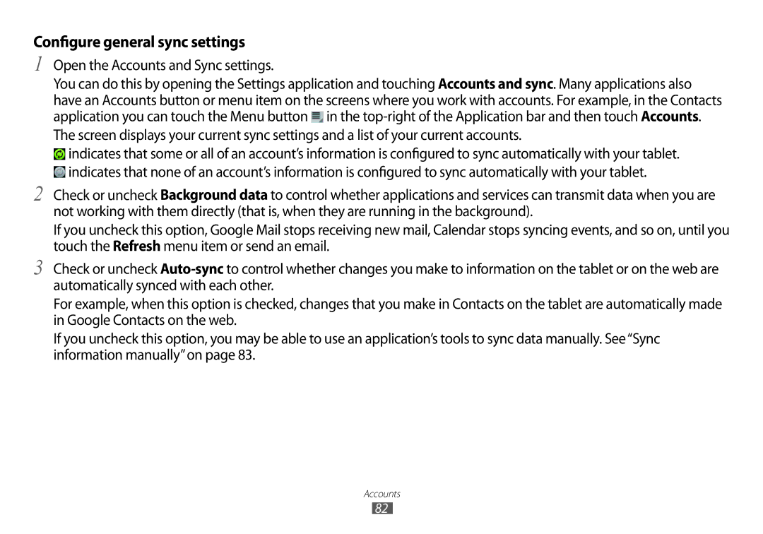 Samsung GT-P7100 user manual Configure general sync settings 