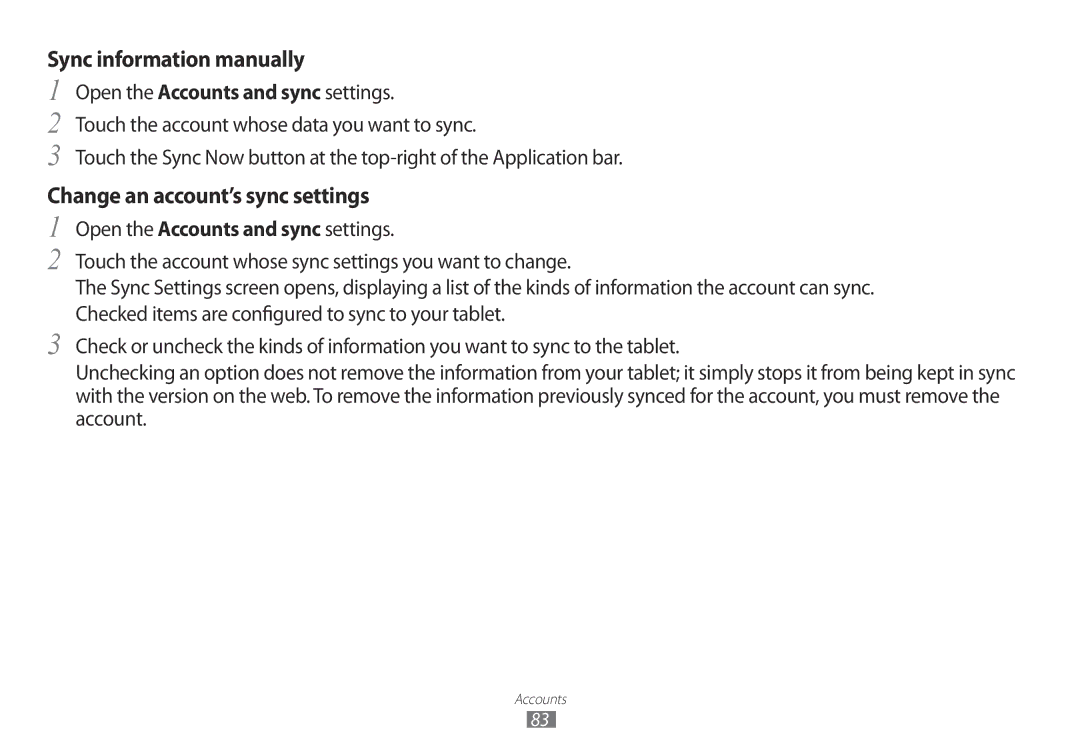 Samsung GT-P7100 user manual Sync information manually, Change an account’s sync settings 