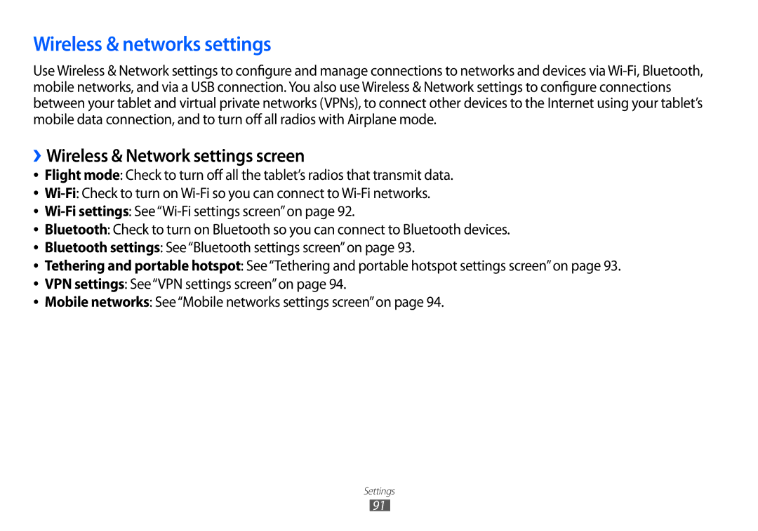 Samsung GT-P7100 user manual Wireless & networks settings, ››Wireless & Network settings screen 