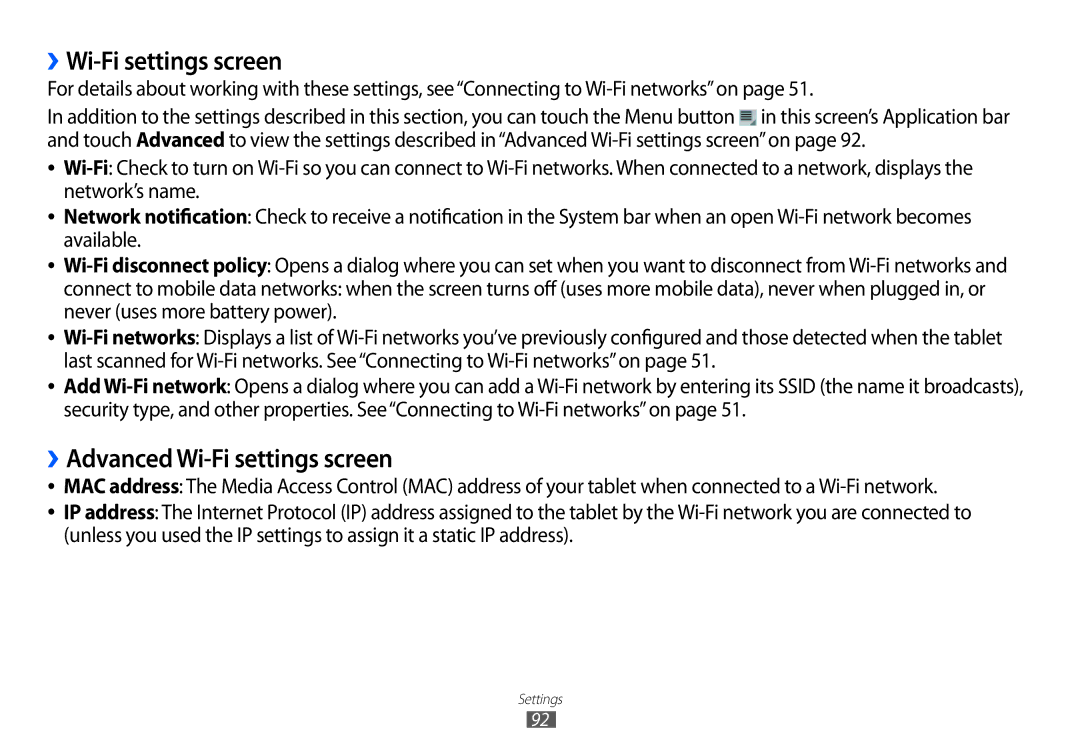 Samsung GT-P7100 user manual ››Wi-Fi settings screen, ››Advanced Wi-Fi settings screen 