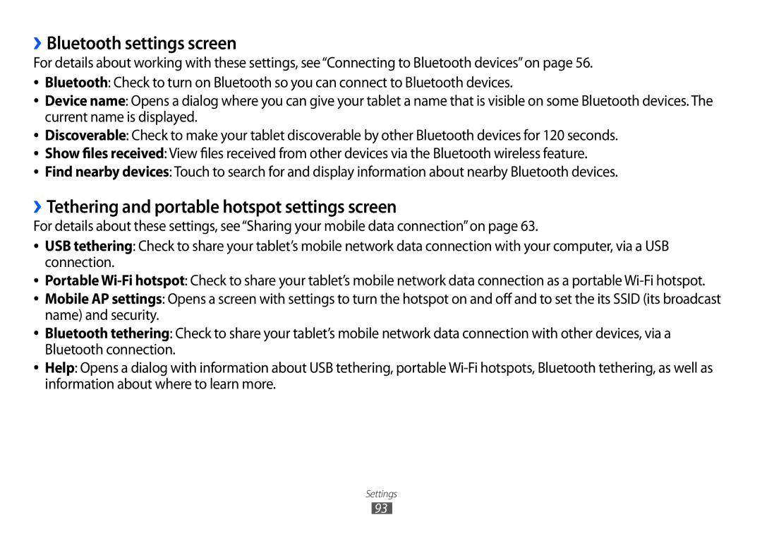 Samsung GT-P7100 user manual ››Bluetooth settings screen, ››Tethering and portable hotspot settings screen 